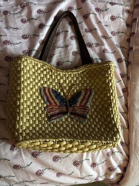 Cappelli Straworld Yellow Woven Tote with Multicolor Beaded Butterfly